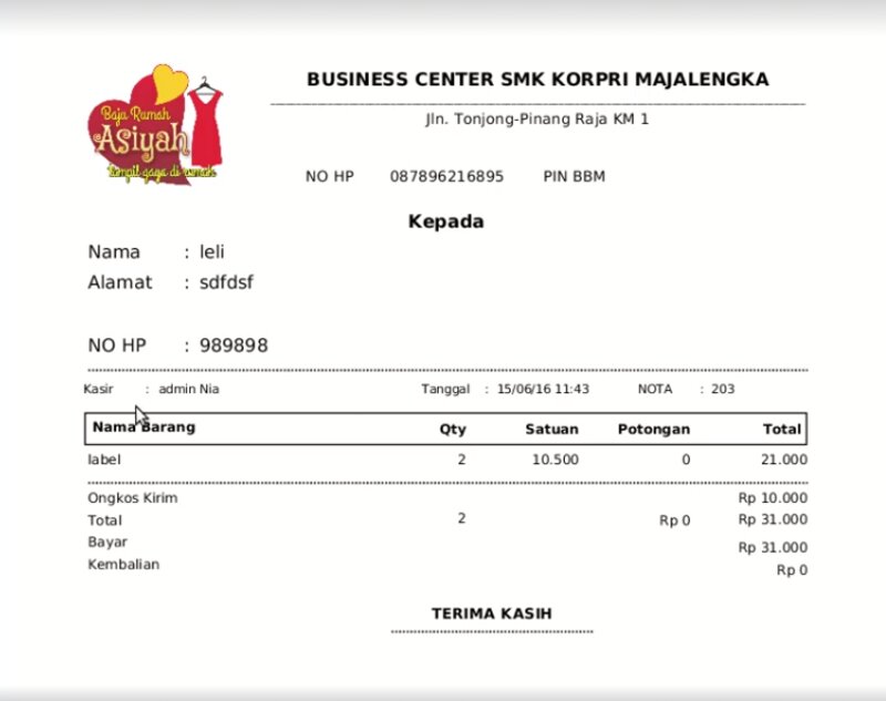 Contoh struk ukuran A4 SITOKSIR